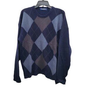 John Ashford Men's Navy Vintage Pure Wool‎ Argyle Preppy Crewneck Sweater Size L
